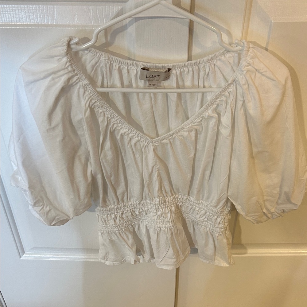 LOFT White Gathered Blouse with Puff Sleeves